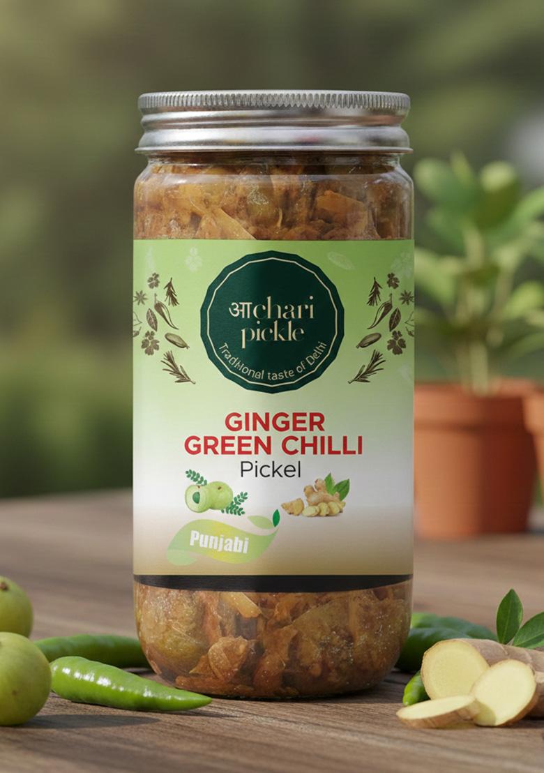 Achari Pickles Punjabi Ginger Green Chilli Pickle Homemade Adrak Harimirch Aachar 400G | Organic North Indian Healthy Traditional Home Made Achaar