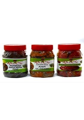 Ravso Home Made Orgenic Pickle Combo Pack Of Three Aam Ka Achar Nimboo Bharwa Lal Mirchi Mango Lemon Red Chilli 250X3Gm