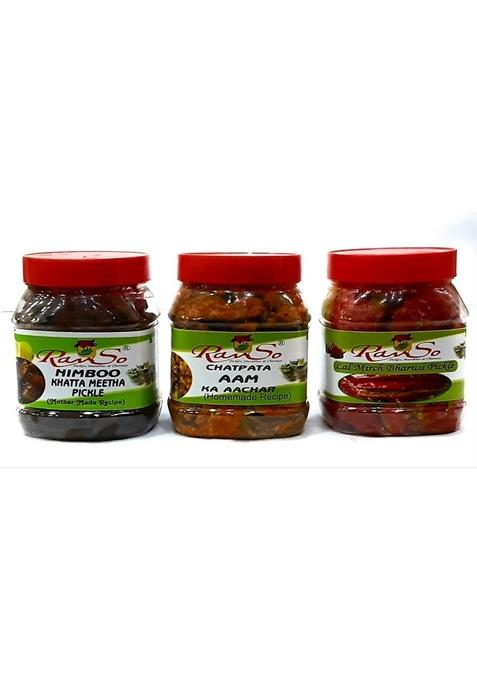 Ravso Home Made Orgenic Pickle Combo Pack Of Three Aam Ka Achar Nimboo Bharwa Lal Mirchi Mango Lemon Red Chilli 250X3Gm