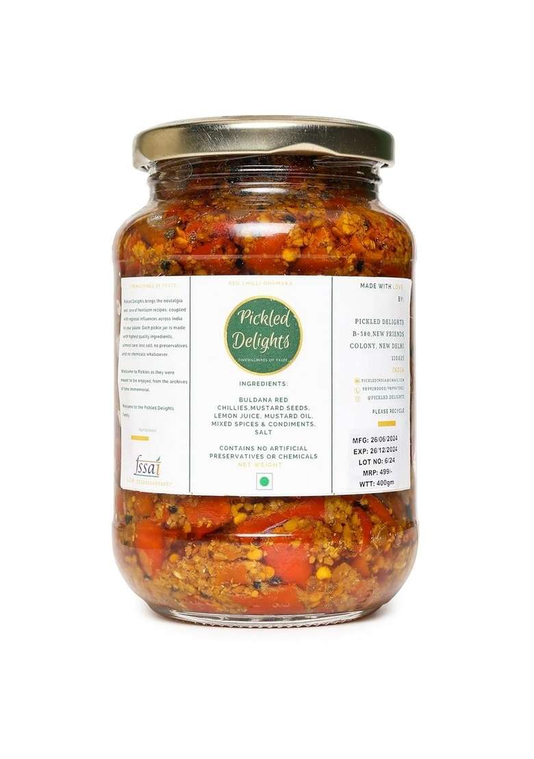 Pickled Delights Lal Mirch Dhamaka Red Chilli Pickle Flavour Spicy 400 Grams - Indya