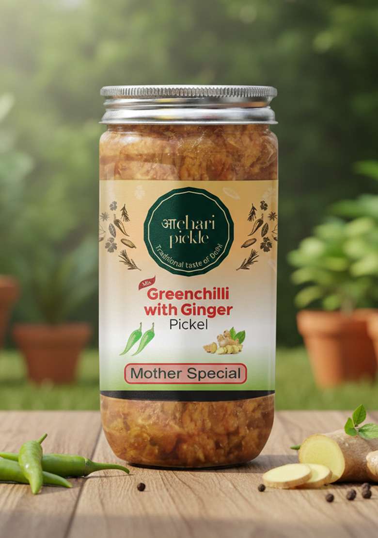 Achari Pickles Greenchilli With Ginger Pickle Mother Special 400 Gm Ghar Ka Achar - Indya