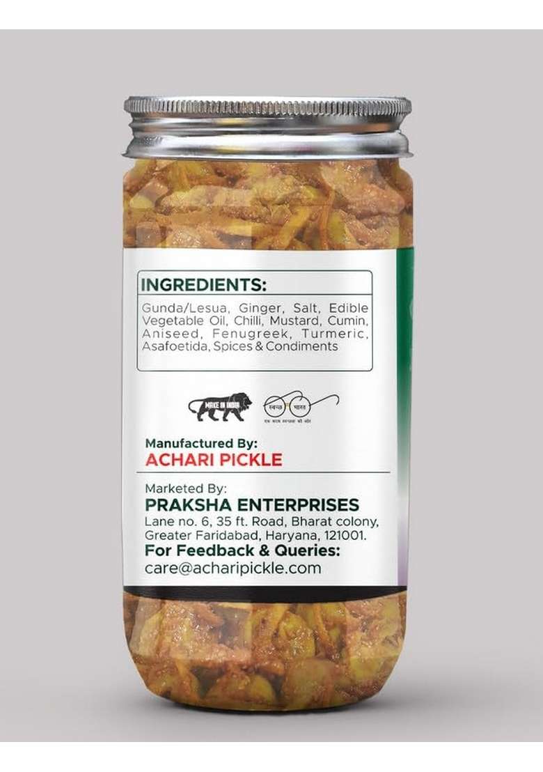 Achari Pickles Gunda Lesua With Ginger Pickle Delhiwala 400 Gm Ghar Ka Achar - Indya