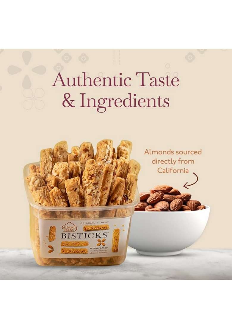 Almond House Bisticks Signature Cookies | 100 Vegetarian Low Sugar Biscotti Fingers Biscuit Sticks Tea Time Snack Ideal For Gifting Ready To Eat Pack Of 250Gm - Indya