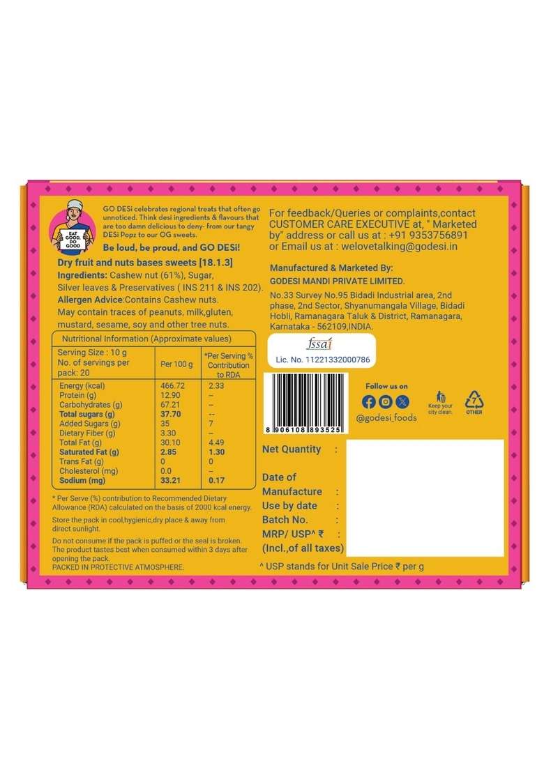 Go Desi Premium Kaju Katli 61 Cashews Meetha Sweets Indian Mithai Cashew Gift Pack 180 200 Grams - Indya