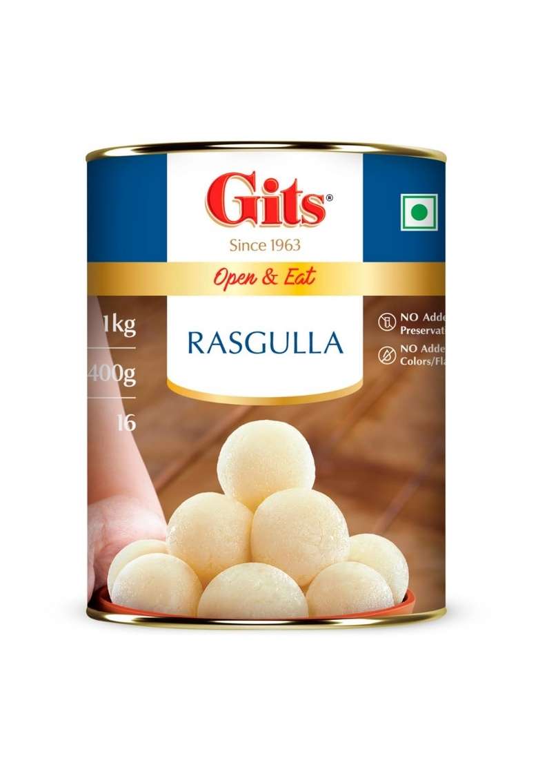 Gits Open Eat Rasgulla Tin 16 Pieces Per Can Mouth Watering Indian Mithai 1Kg - Indya