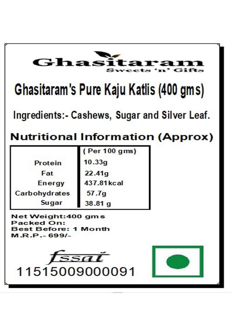 Ghasitaram Gifts Pure Kaju Katlis Box 400G - Indya
