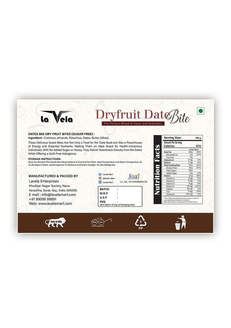 La Vela Date Barfi Premium Dry Fruit Bites 250G | Sugar Free Healthy Sweet With Almonds Cashews Pistachios Indian Sweets Mithai For Gifting Snacking Festivals - Indya