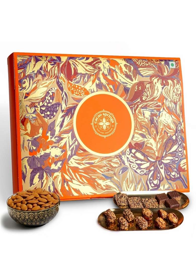 Cacao Springs Golden Indulgence Celebration Chocolate Box For Gift Assorted Chocolates Brittles With Mixed Nuts Almond Cashew Premium Diwali Hamper 3 X 4 12 Pcs 14Gm Each - Indya