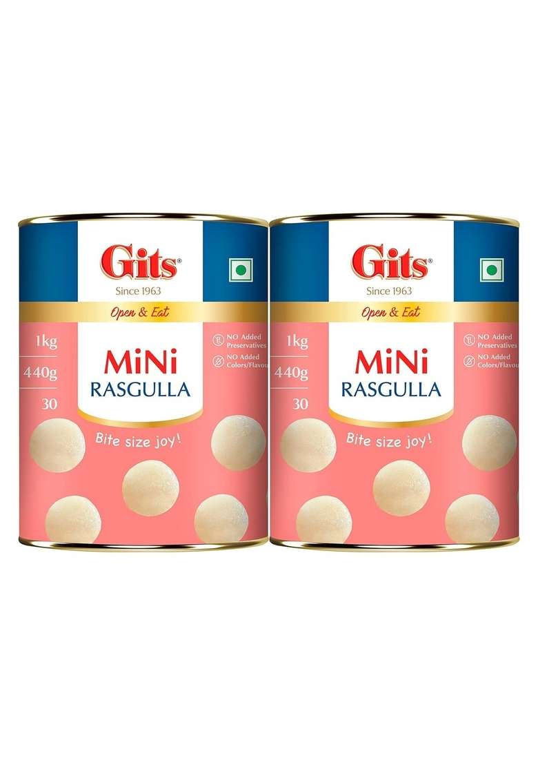Gits Open Eat Mini Rasgulla 30 Pieces Per Can Mouth Watering Indian Mithai 2Kg Pack Of 2 X 1Kg Each - Indya