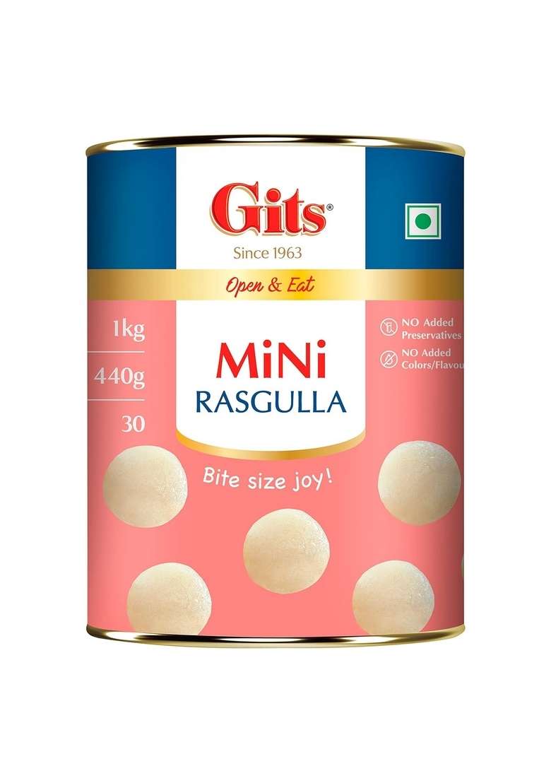 Gits Open Eat Mini Rasgulla 30 Pieces Per Can Mouth Watering Indian Mithai 2Kg Pack Of 2 X 1Kg Each - Indya