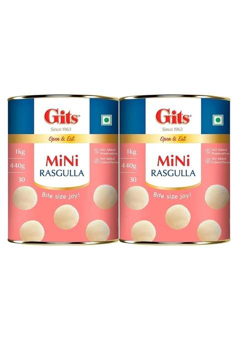 Gits Open Eat Mini Rasgulla 30 Pieces Per Can Mouth Watering Indian Mithai 2Kg Pack Of 2 X 1Kg Each