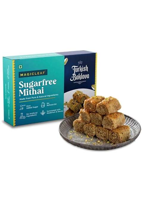 Magic Leaf Sugar Free Turkish Baklava Dessert 250 Gm | Freshly Made Baklawa Delight Sugarfree Mithai Sweets Gift Box Sweetened With Stevia No Refined Oil
