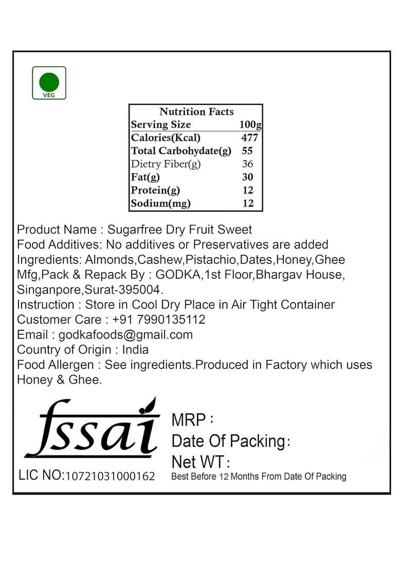 Godka Dry Fruits Sugarfree Dates Barfi Khajoor Dryfruit Chikki Kaju Badam Energy Bite Healthy Snacks With Goodness Of 500 Gm - Indya