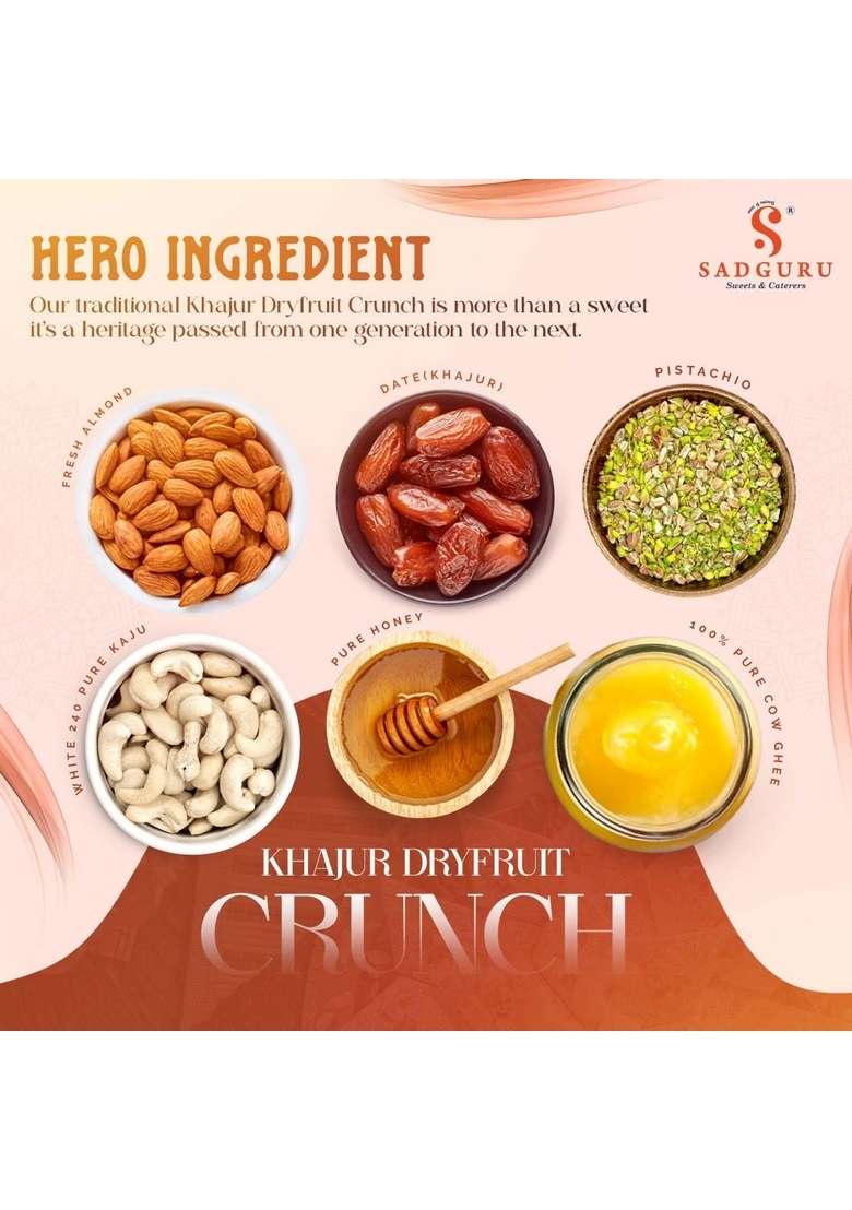 Sadguru Sweet Caterers Dates Dryfruits Crunch Premium Indian No Refined Sugar Healthy Snacks With Goodness Of Kaju Badam Pista And Pure Ghee 200 Gm - Indya