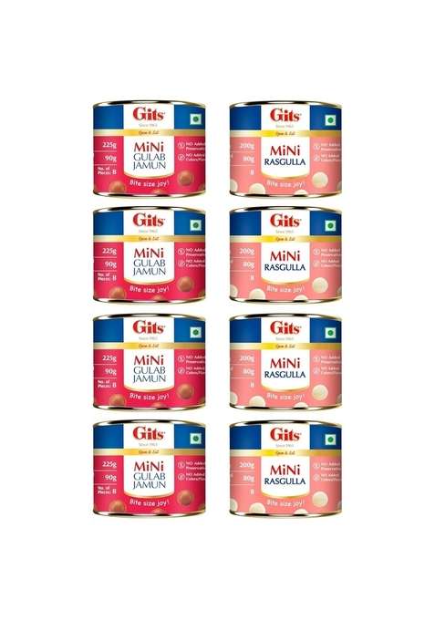 Gits Mini Gulab Jamun 225G Rasgulla 200G | Combo Pack Of 8 Pieces In Each Tin Quick Sweet Cravings