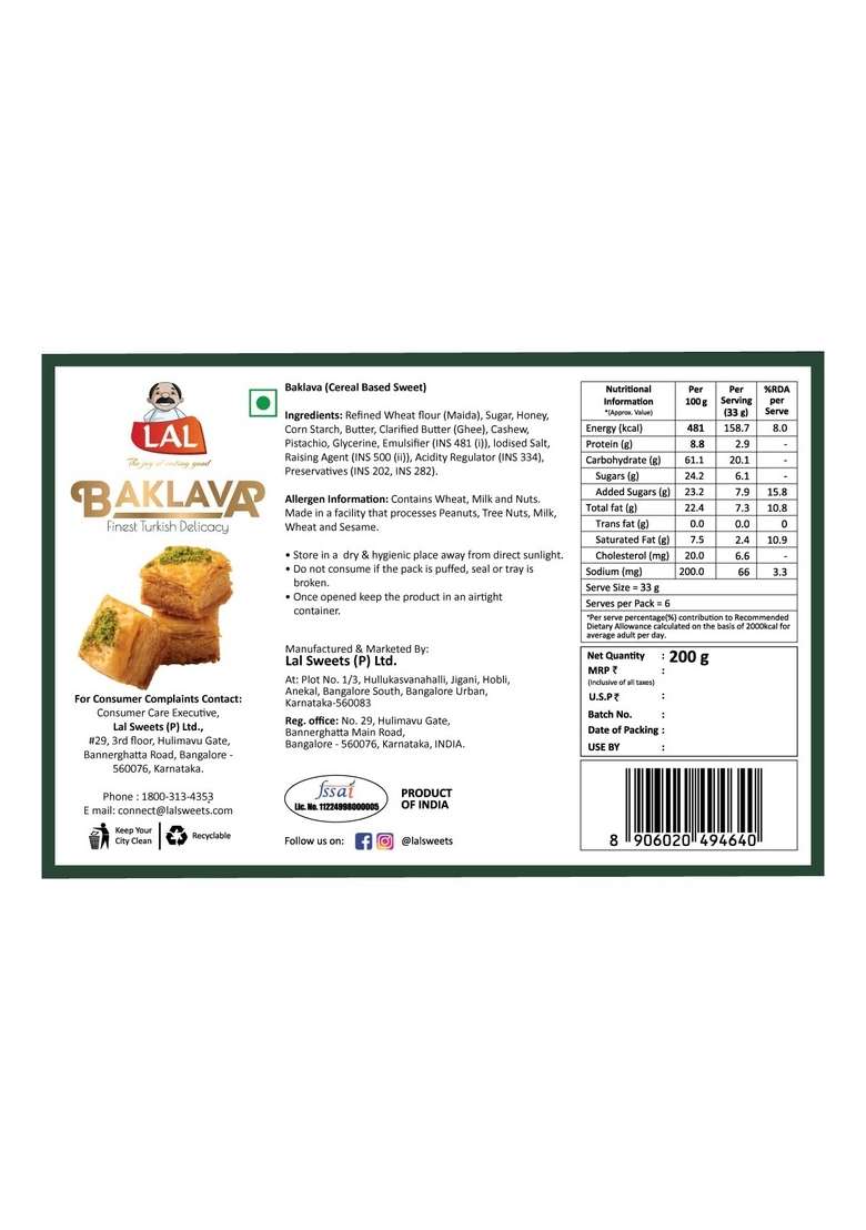 Lal Sweets Baklava Classic 200G - Indya