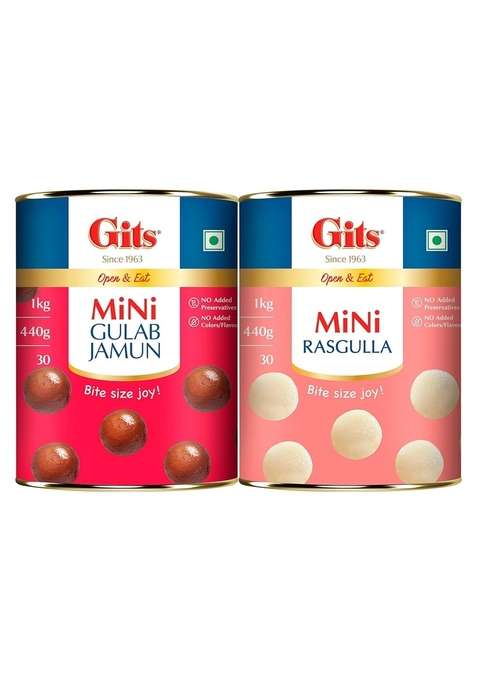 Gits Mini Gulab Jamun Rasgulla | 2Kg 1Kg Tin Open Eat 30 Pieces Per Can Mouth Watering Indian Mithai Festive Combo
