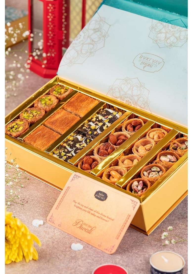 Gourmet Baklava Luxury Assorted Gift Box Pista Burma Belloria Mixed Chocolate Almond Cashew Nest Sweets Perfect For Gifting Special Occasions - Indya