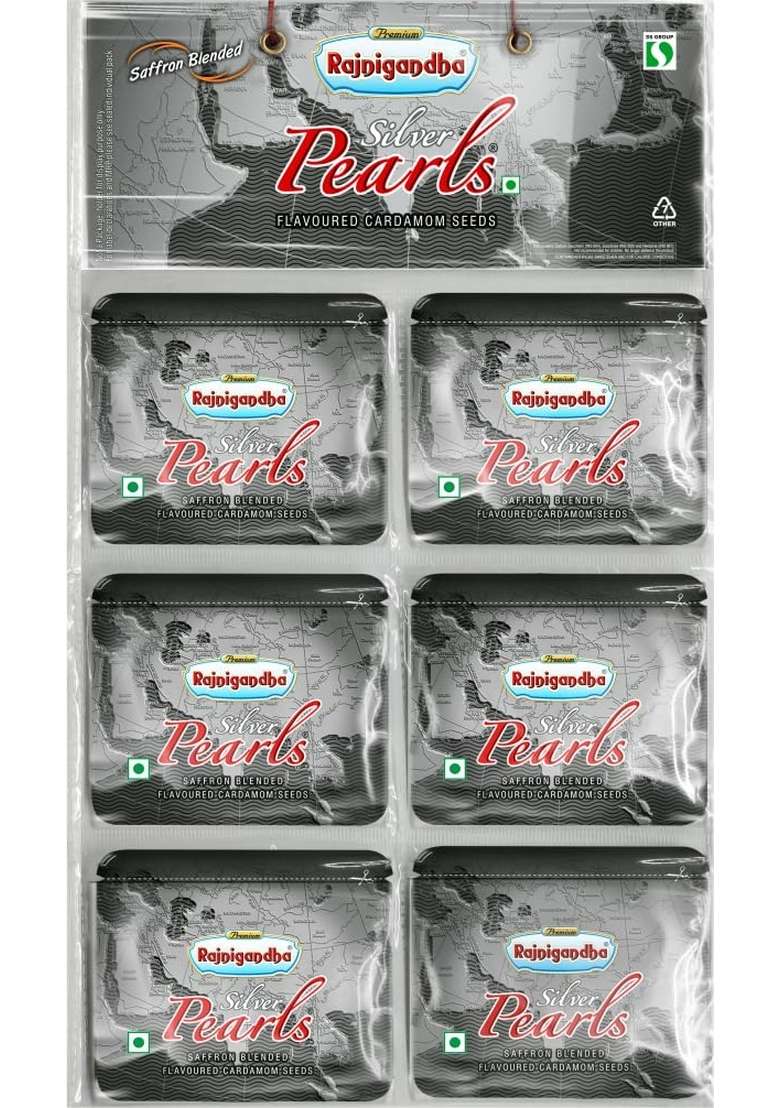 Rajnigandha Silver Pearls Saffron Blended Flavoured Cardamom Seeds Pack Of 36 1 4 Gram Each - Indya