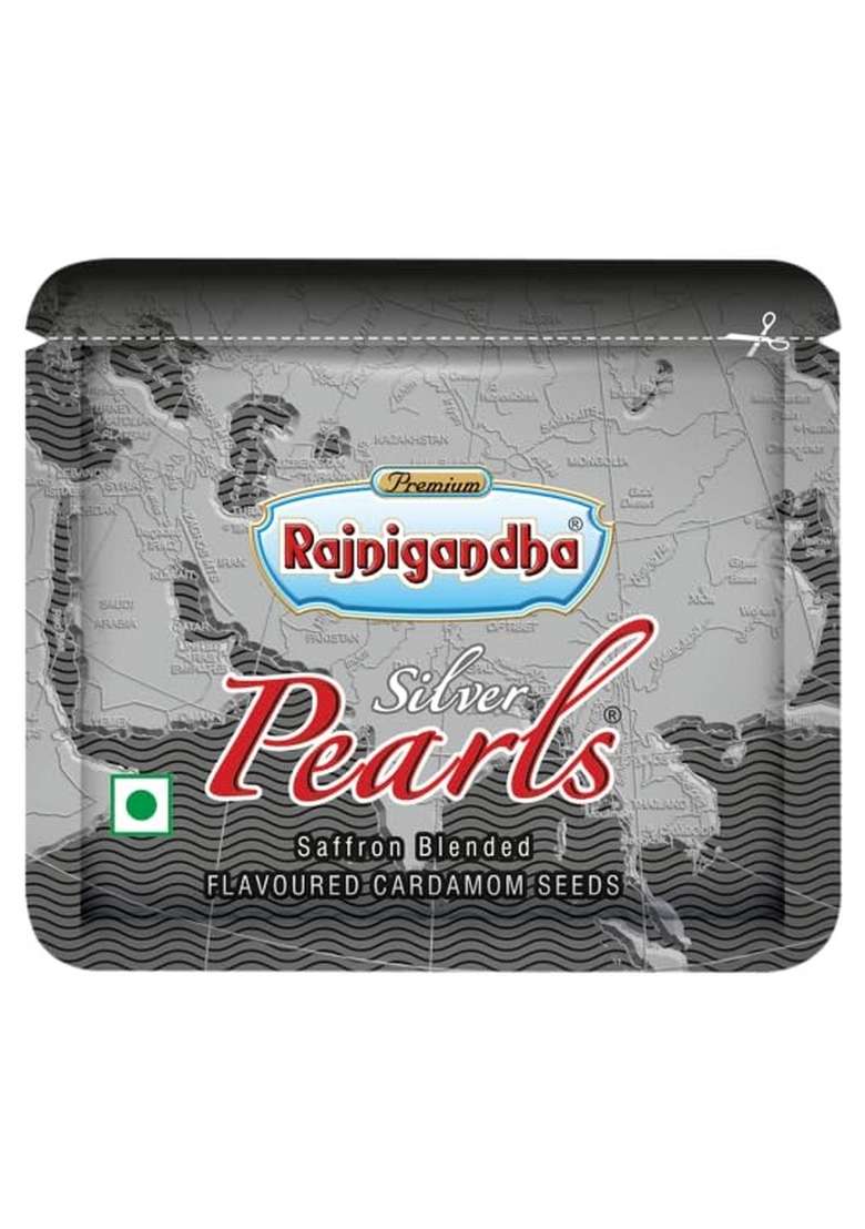 Rajnigandha Silver Pearls Saffron Blended Flavoured Cardamom Seeds Pack Of 36 1 4 Gram Each - Indya