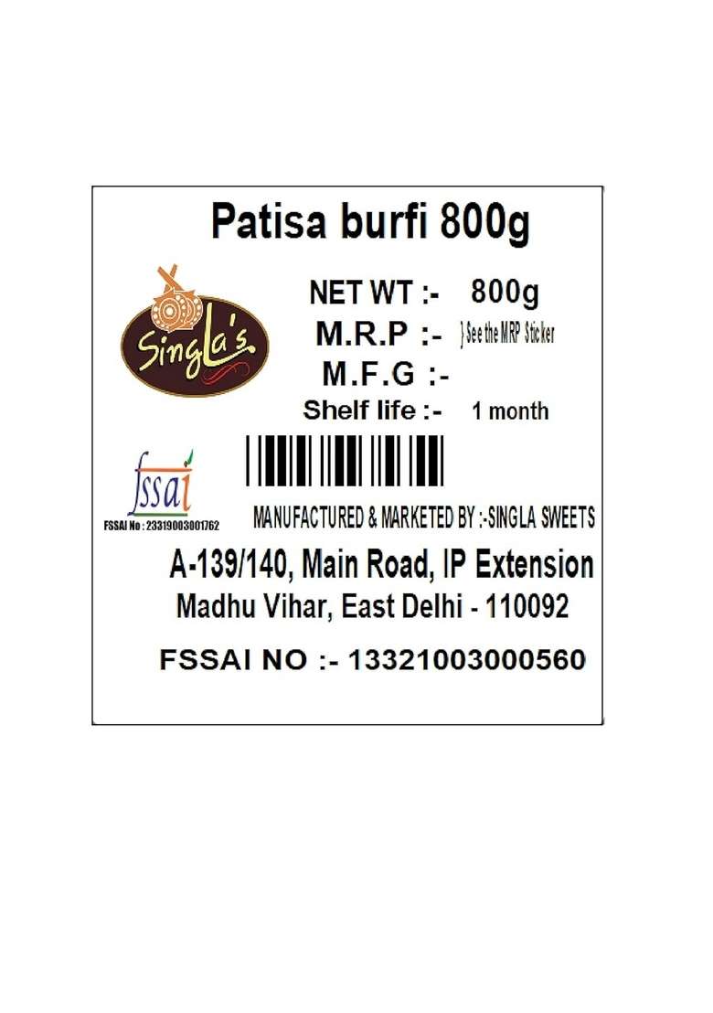 Singla Sweets Patisa Barfi 800 Gram Indian Mithai Sweet - Indya