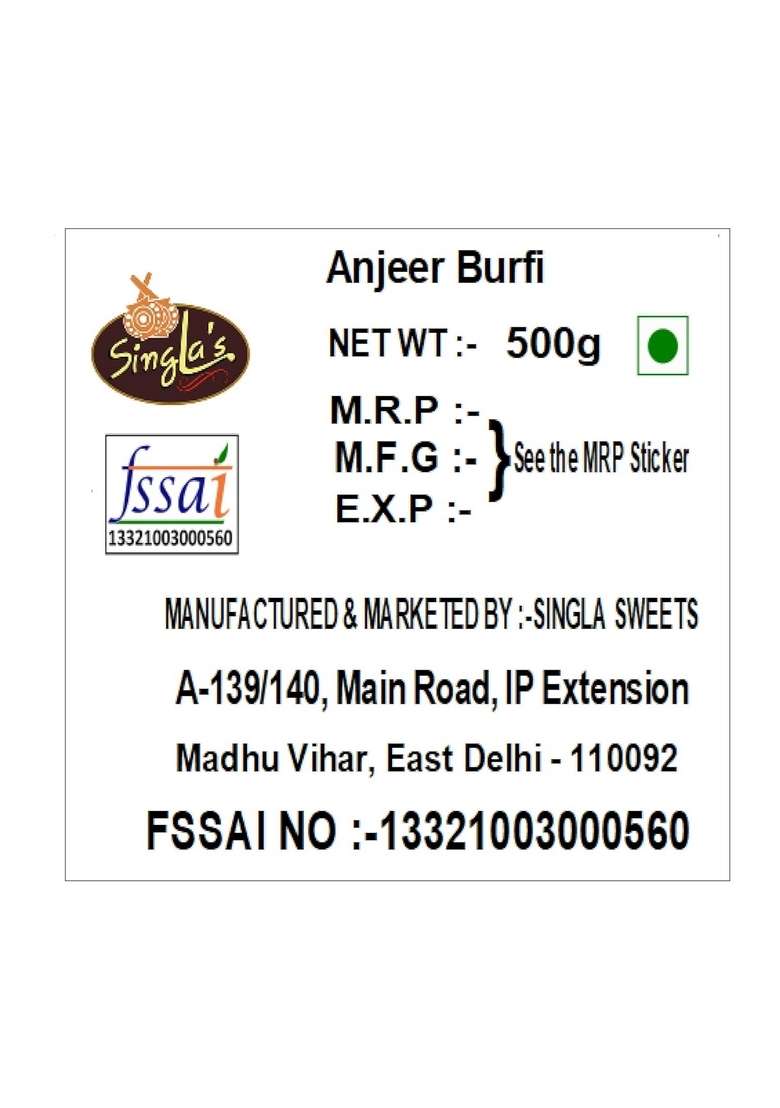 Singla Sweets Anjeer Barfi 500G Very Delicious Indian Mithai Sweet - Indya