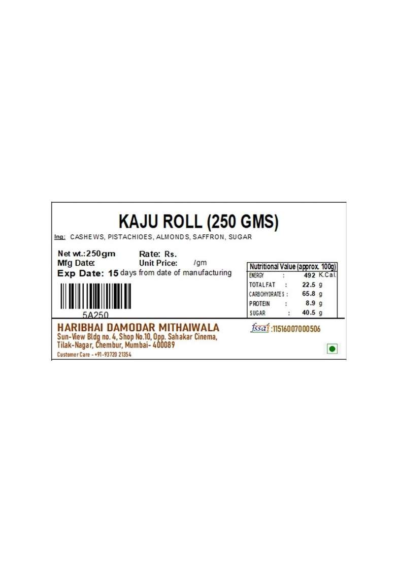 Haribhai Damodar Mithaiwala Dryfruit Kaju Rolls Indian Sweet 250 Gms - Indya