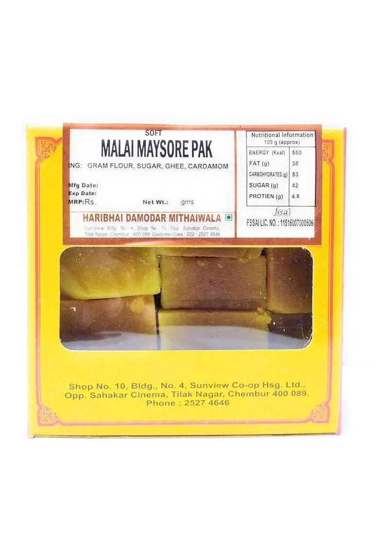 Haribhai Damodar Mithaiwala Malai Maysore Pak Soft South Traditional Indian Sweet 500 Grams - Indya