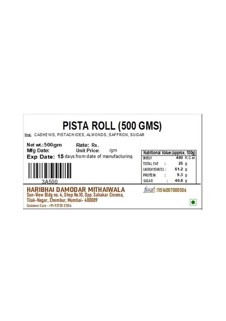 Haribhai Damodar Mithaiwala Dryfruit Pista Rolls Indian Sweet 500 Gms - Indya