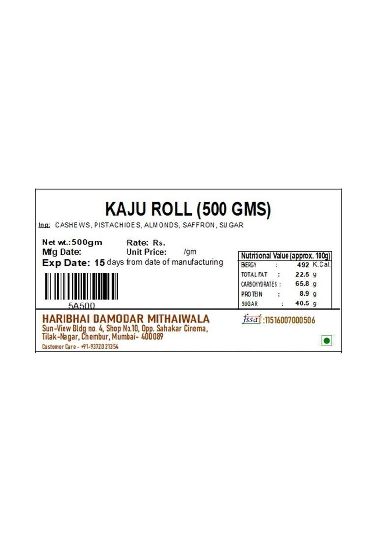 Haribhai Damodar Mithaiwala Dryfruit Kaju Rolls Indian Sweet 500 Grams - Indya