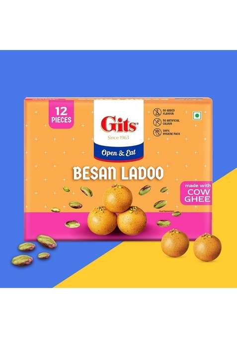 Gits Besan Ladoo X 1 Box 400 Gm | Made With Pure Cow Ghee Indian Mithai No Added Colours |Traditional Sweets Gift Pack