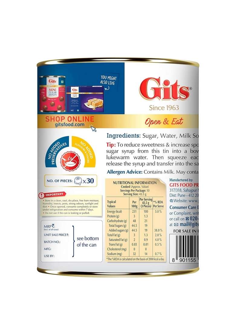 Gits Open Eat Mini Rasgulla 30 Pieces Per Can Authentic Bengali Sweet 1Kg Gulab Jamun - Indya