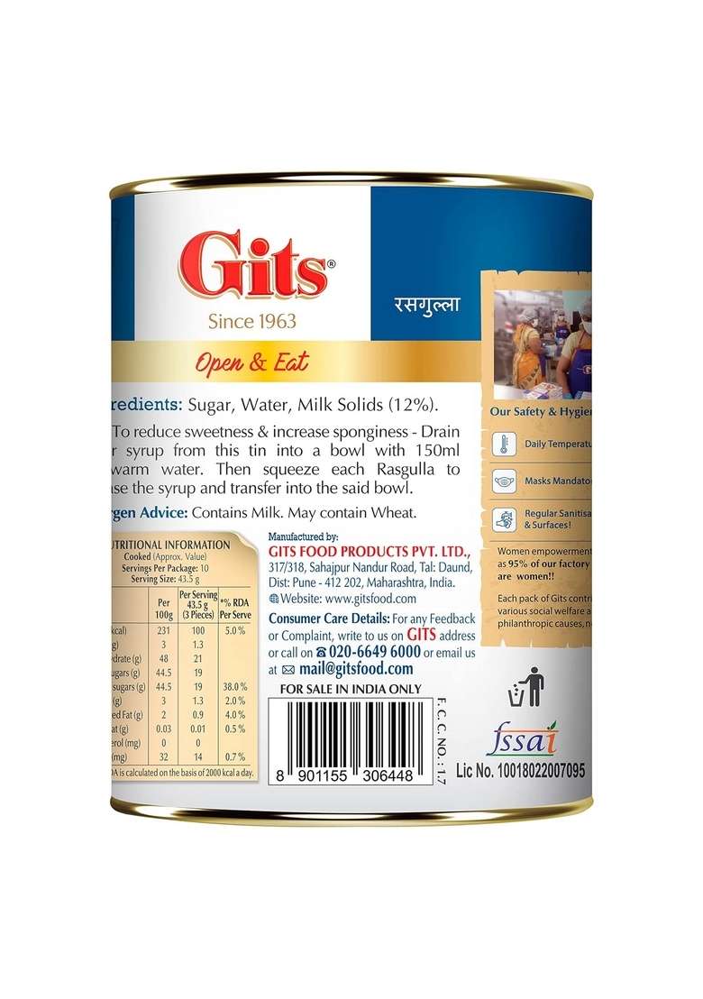 Gits Open Eat Mini Rasgulla 30 Pieces Per Can Authentic Bengali Sweet 1Kg Gulab Jamun - Indya