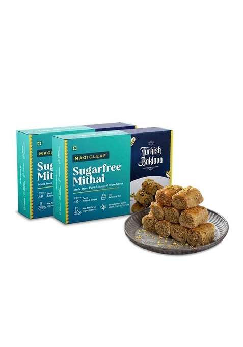 Magic Leaf Sugar Free Turkish Baklava Dessert 500 Gm Pack Of 2 250 Each | Freshly Made Baklawa Delight Sugarfree Mithai Sweets Gift Box Sweetened With Stevia No Refined Oil