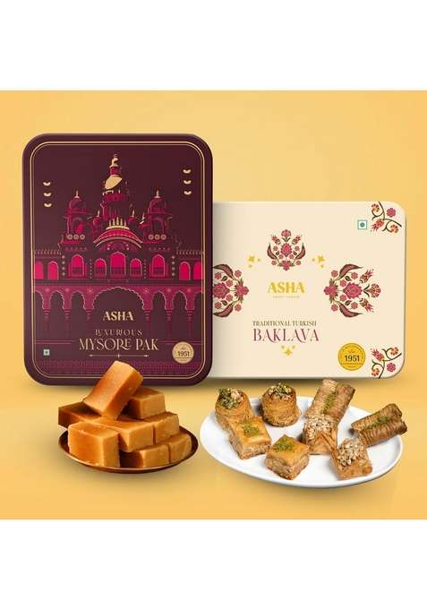 Asha Sweet Center Sweets Baklava 430Gm And Mysore Pak 500Gm In Premium Tin Box For Gifting To Family Friends | Perfect Snacking Turkish Delight Made With Fresh Ingredients Pure Ghee