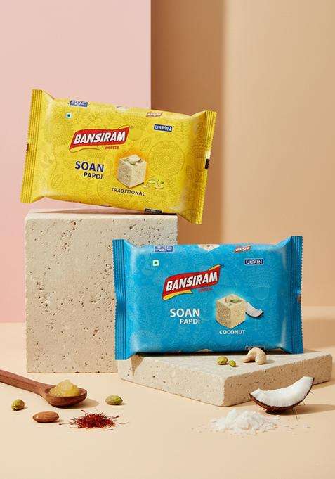 Bansi Ram Bansiram Premium Soan Papdi Combo | Classic Coconut Flavours Indian Mithai Soft Flaky Sweet With Almonds Pistachios Festive Dessert Gift Pack Ready To Eat Sweets – 500G 2 X 250G