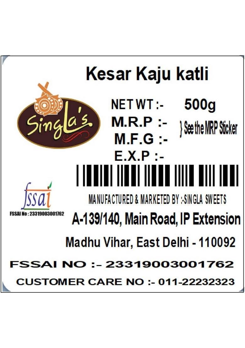 Singla Sweets Kesar Kaju Katli 500G Very Delicious Box 500 G