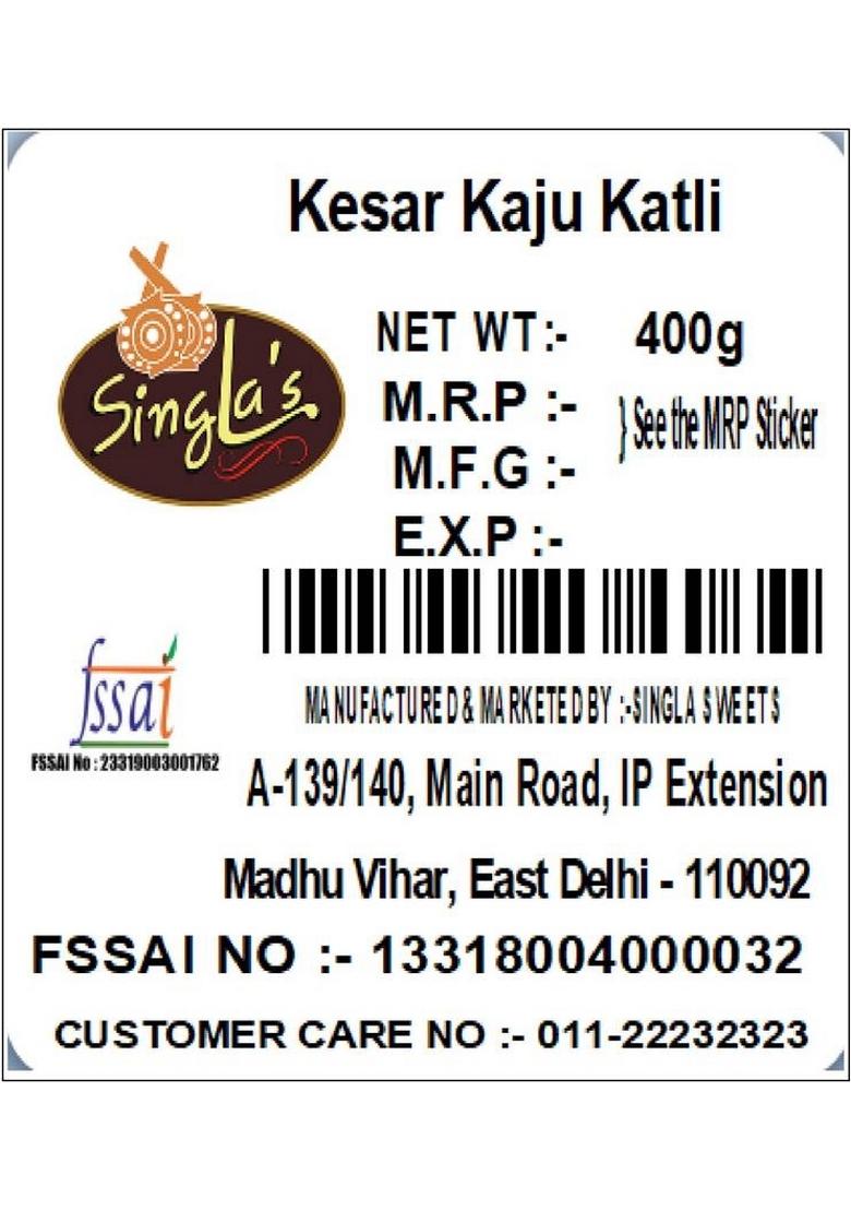 Singla Sweets Kesar Kaju Katli 400G Very Delicious Box 400 G