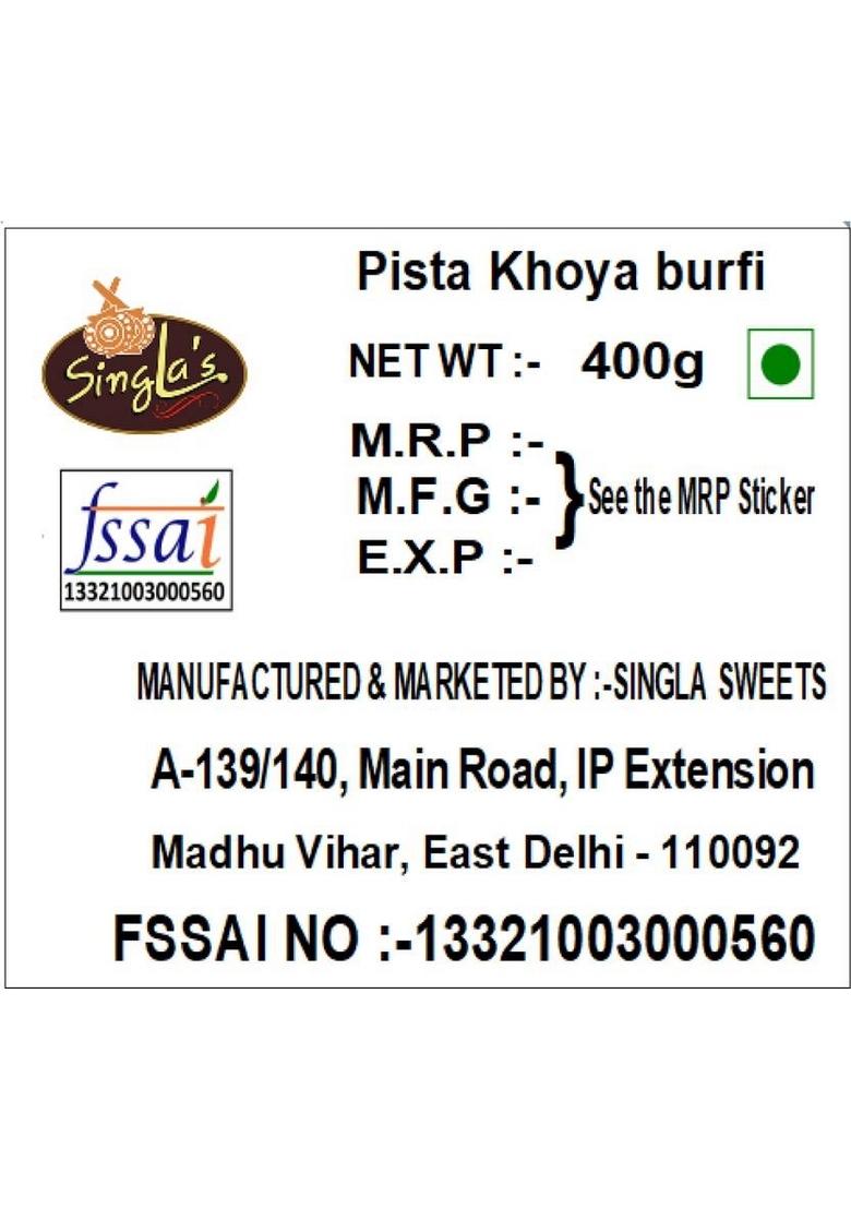 Singla'S Pista Khoya Barfi 400G Indian Mithai Sweet | Box 400 G