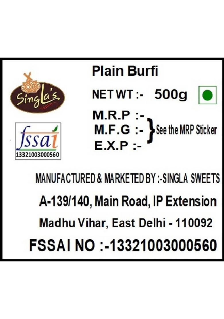 Singla'S Plain Burfi 500G Indian Mithai Sweets Box 500 G