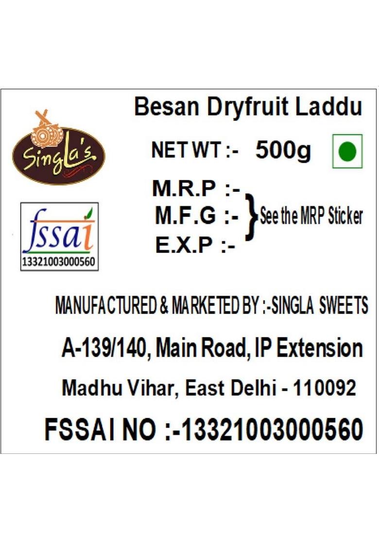 Singla Sweets Besan Dryfruits Laddu 500G Indian Mithai Sweet Vacuum Pack 500 G