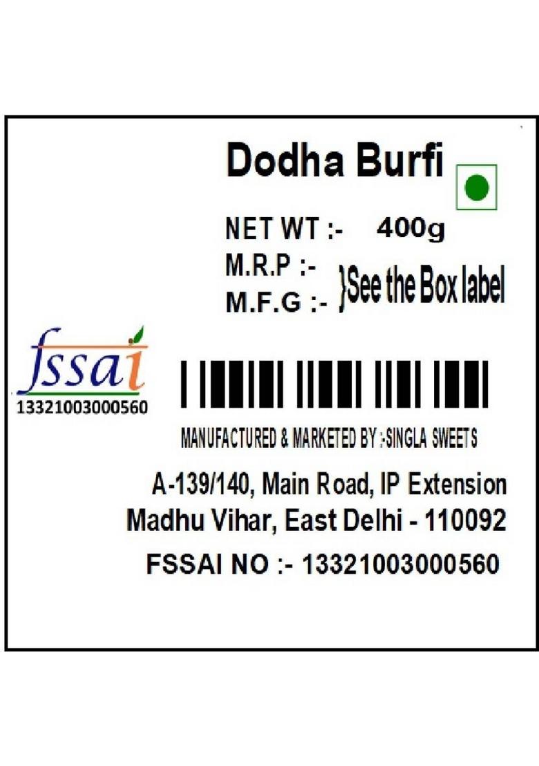 Singla Sweets Dodha 400G Barfi Box 400 G