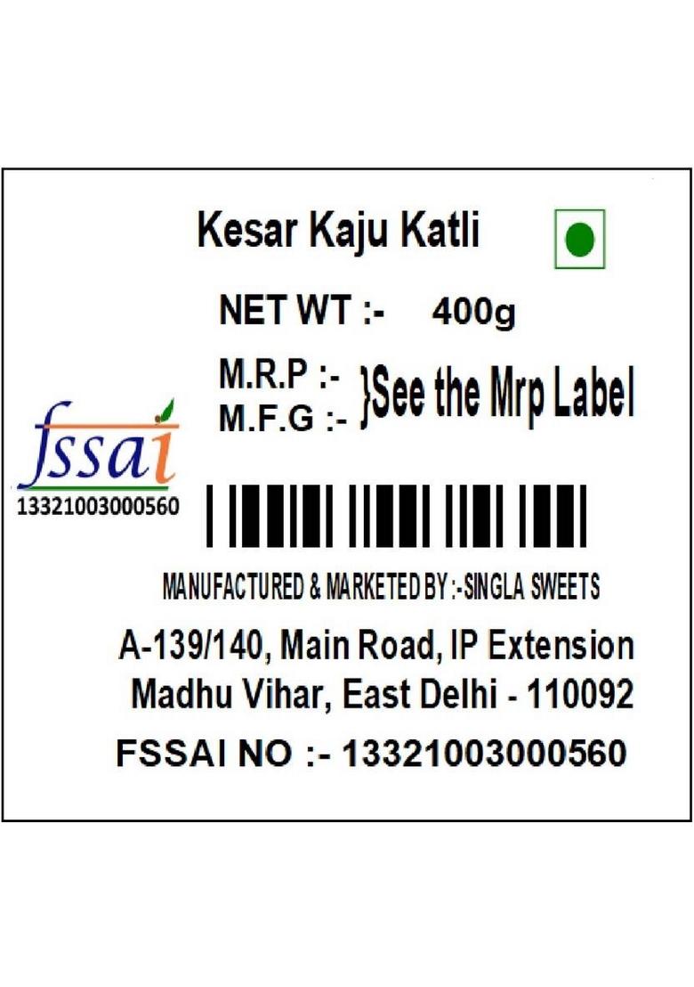 Singla'S Kesar Kaju Katli 400G Indian Mithai Sweets Box 400 G