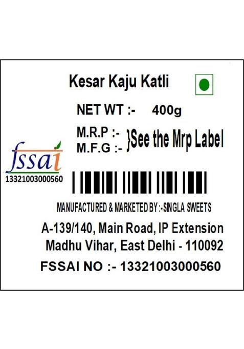 Singla'S Kesar Kaju Katli 400G Indian Mithai Sweets Box 400 G