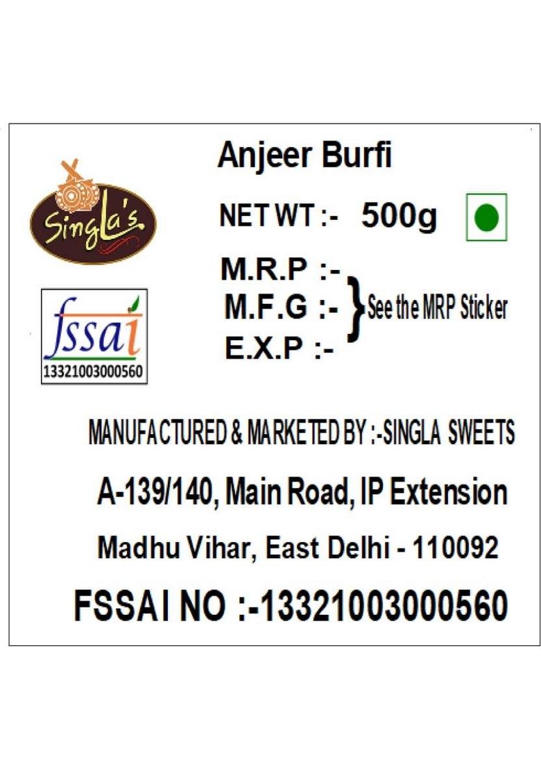 Singla Sweets Anjeer Burfi 500G Indian Barfi Mithai Sweet Box 500 G