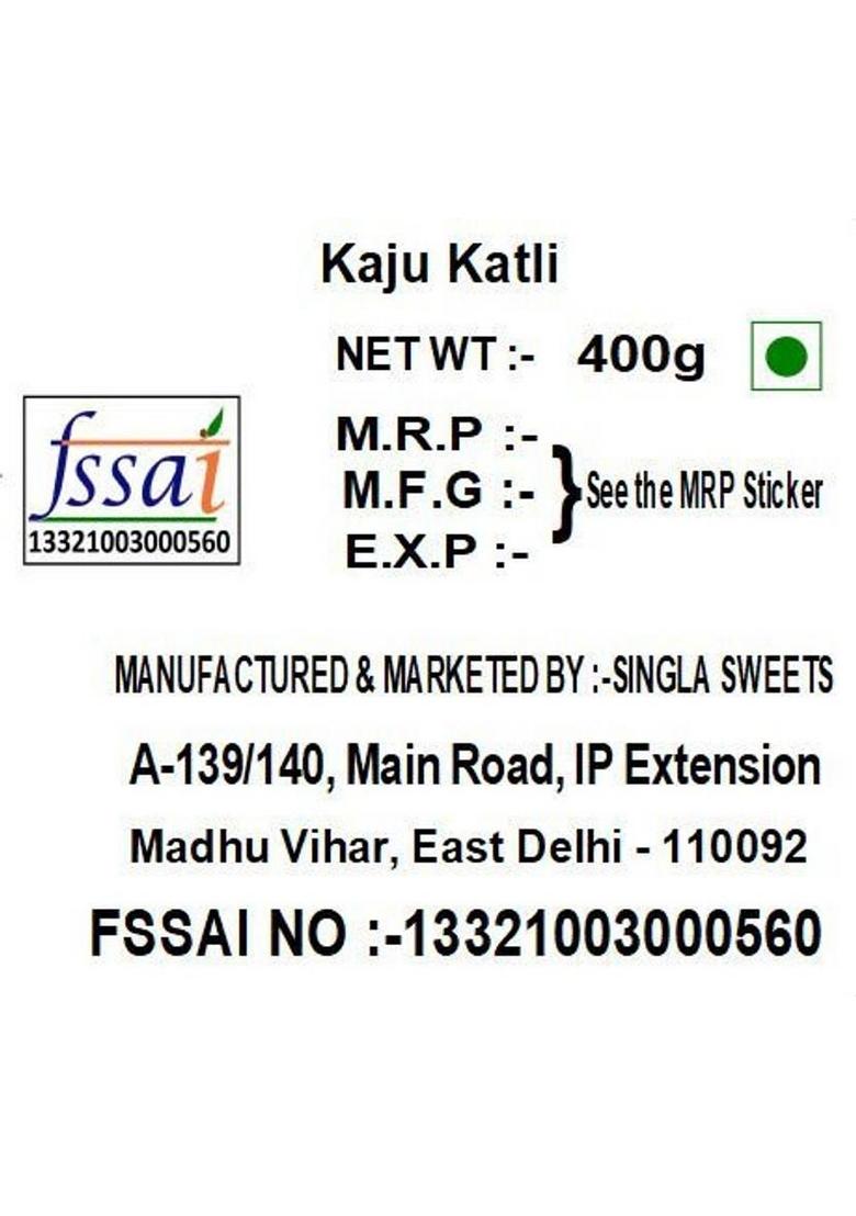 Singla'S Kaju Katli 400G Indian | Mithai Sweets Box 400 G