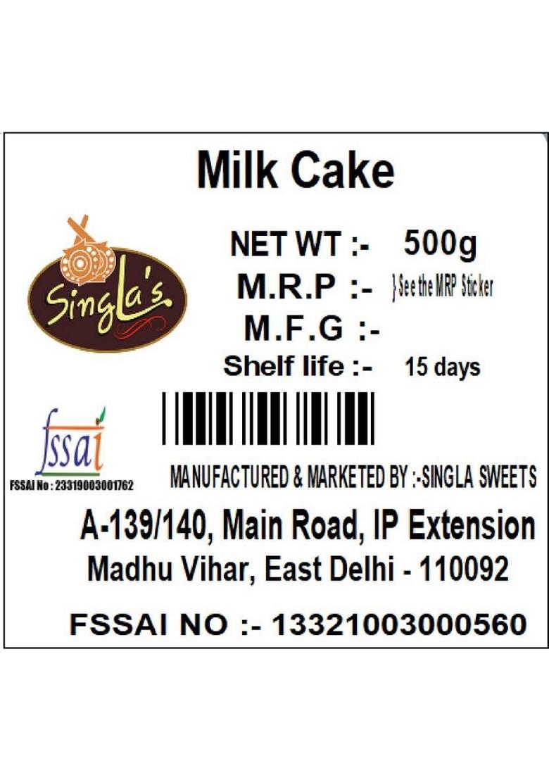 Singla Sweets Milk Cake 500G Delicious Barfi Box 500 G