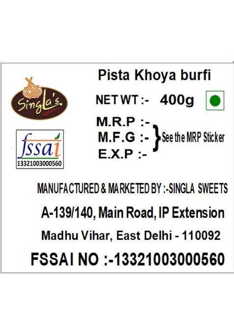 Singla'S Pista Khoya Barfi 400G Indian Mithai Sweet Box 400 G