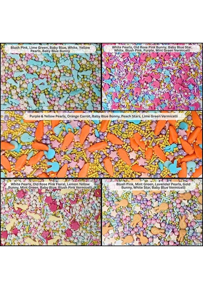 Confect Easter Sprinkles – Assorted Pack Of 5 White Sky Blue Pink Yellow Pearl With Vermicelli Bunny Shapes | Edible Sprinkle For Cake Cupcake Decorating Vegan Gluten Free 140 Gms - Indya