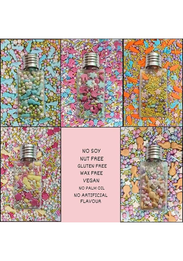 Confect Easter Sprinkles – Assorted Pack Of 5 White Sky Blue Pink Yellow Pearl With Vermicelli Bunny Shapes | Edible Sprinkle For Cake Cupcake Decorating Vegan Gluten Free 140 Gms - Indya